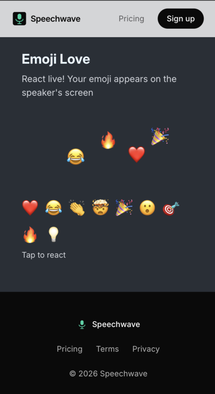 Speechwave audience view on a phone, showing a floating reaction and a grid of emoji to tap